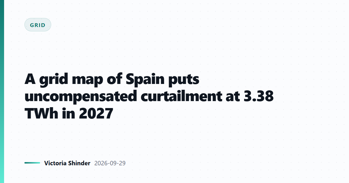 A grid map of Spain puts uncompensated curtailment at 3.38 TWh in 2027