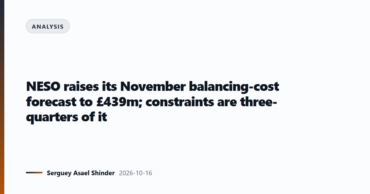 NESO raises its November balancing-cost forecast to £439m; constraints are three-quarters of it